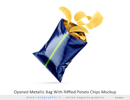 طرح لایه باز موک آپ بسته بندی چیپس باز شده - Opened Metallic Bag With Riffled Potato Chips Mockup